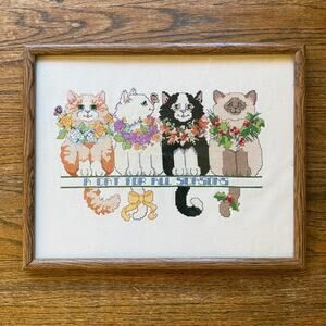 Vintage Framed Cat for all seasons needlepoint Cross-Stitch Art decoration decor